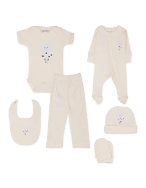 6 Piece Newborn Baby Gift Set – Soft Cotton Ribbed Bodysuit, Sleepsuit, Pants, Bib, Hat & Mittens (Cream White)
