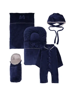 5 Piece Newborn Baby Gift Set – Premium Velvet Romper, Baby Nest, Blanket, Bonnet & Bottle Cover (Navy Blue)
